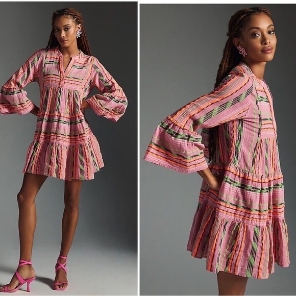 New DEVOTION TWIN Pink and Orange Striped ELLA TUNIC MINI DRESS 🧡🩷Medium - Picture 3 of 16